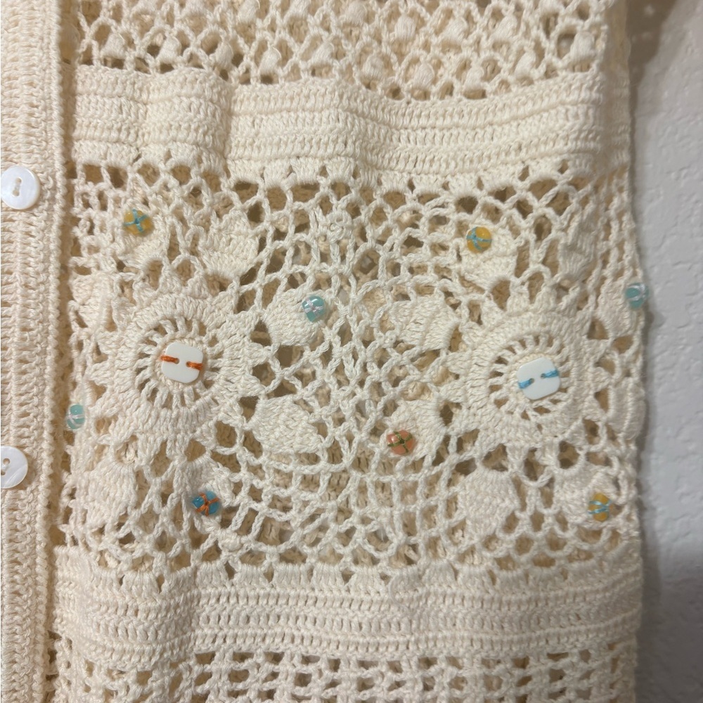 NorthStyle Cream‎ Crochet Open Knit Coastal Boho Cardigan Scalloped Edges Beaded - Picture 4 of 16